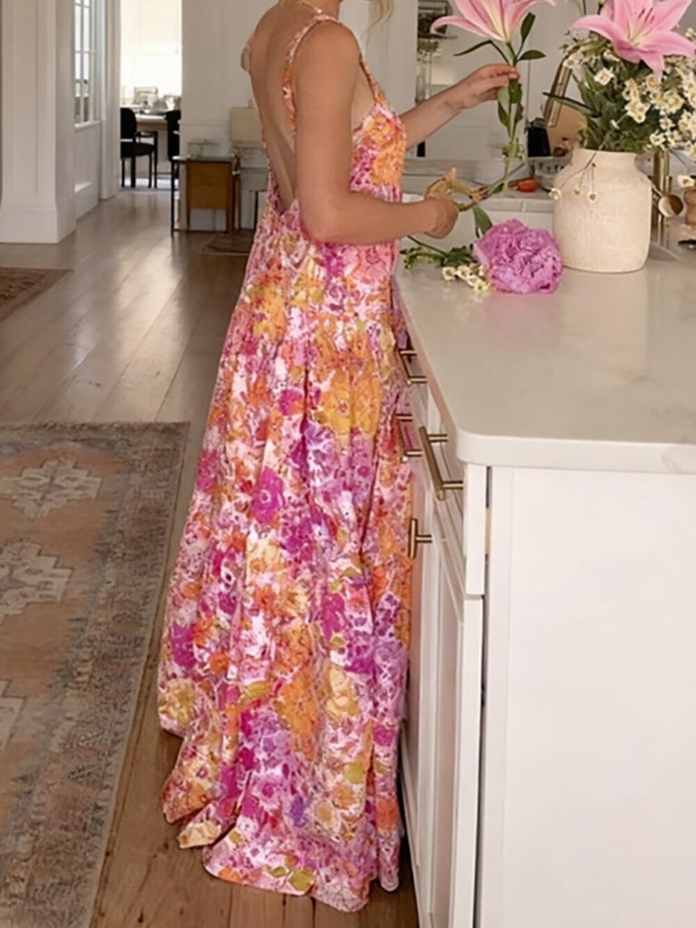 Pink Casual Women's Long Maxi Slip Dress with Floral Pattern